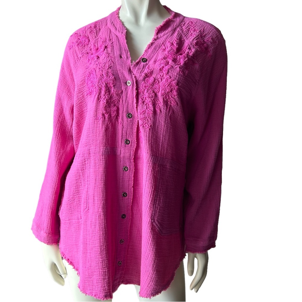 Caite Rose Embroidered Button Tunic Hand made 100% cotton size S oversized